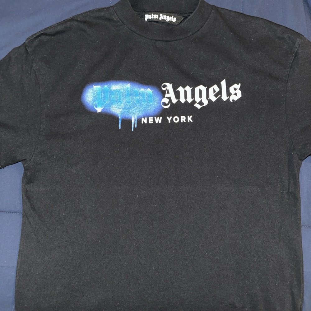 Palm Angels Black T-Shirt with Blue Graphic